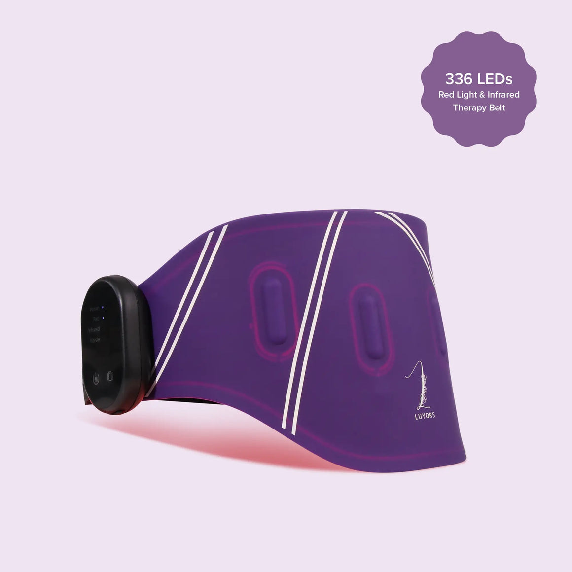 Luyors-red-light-and-near-infrared-therapy-belt-with-attached-black-controller-and-glowing-red-light-along-the-underside