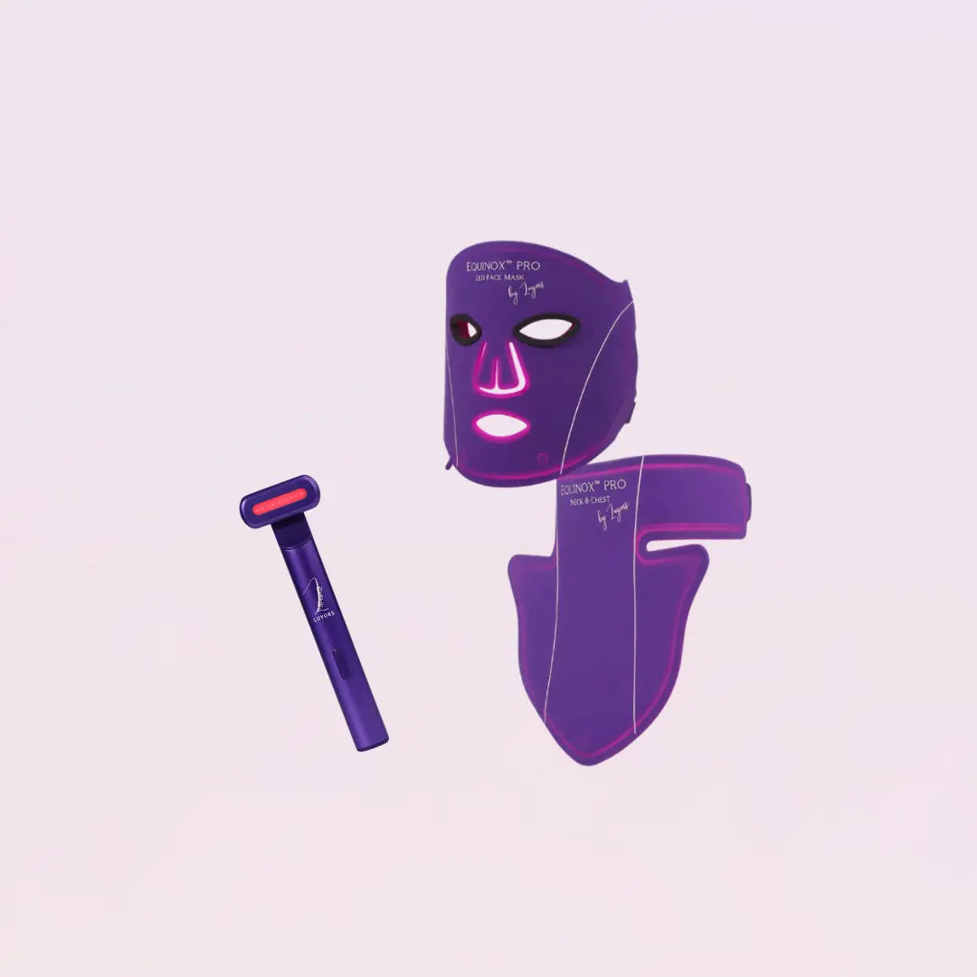 Essential-Duo-bundle-with-Equinox-Pro-LED-face-mask-and-neck-and-chest-piece-glowing-and-Chromaglow-wand-with-red-light-tip