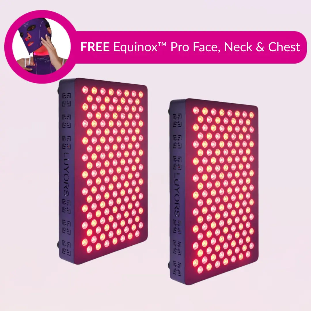 Two-6-Wavelength-LED-therapy-panels-glowing-red-with-free-Equinox-Pro-face,-neck-and-chest-mask-bundle-callout