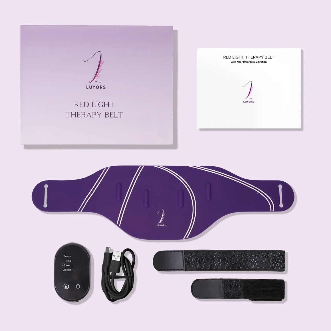 Luyors-Red-Light-Therapy-Belt-unboxing-showing-belt,-controller,-USB-charging-cable,-two-adjustable-straps,-box-and-manual