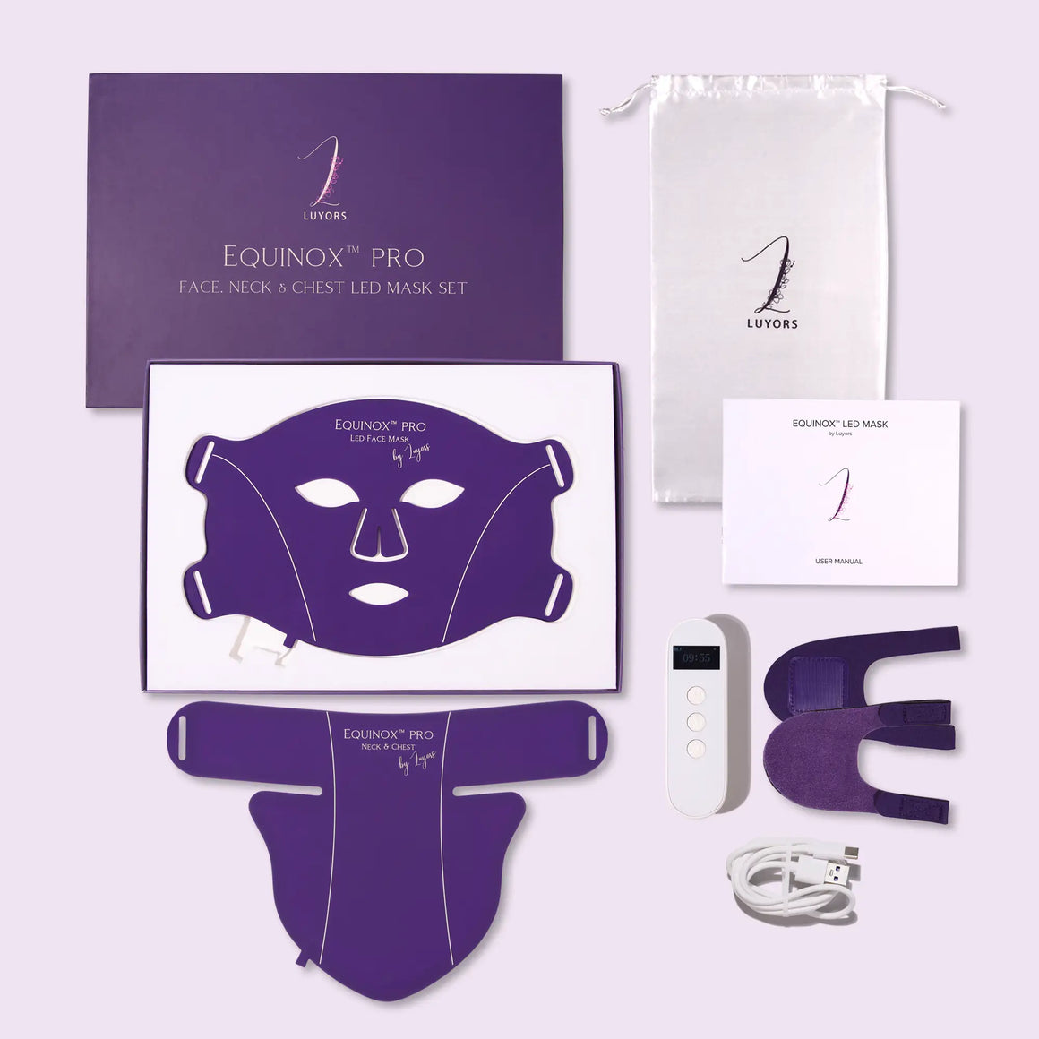 Equinox-Pro-LED-mask-complete-unboxing-showing-mask,-controller,-charging-cable-and-accessories
