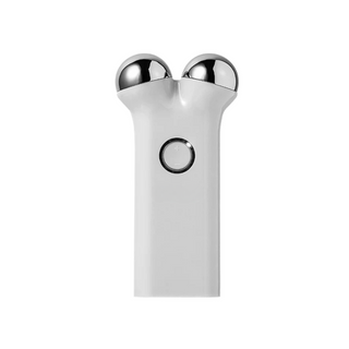 White microcurrent facial roller with dual metallic spheres and intensity control button