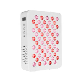 Compact white LED red light therapy panel with illuminated diodes and side control buttons