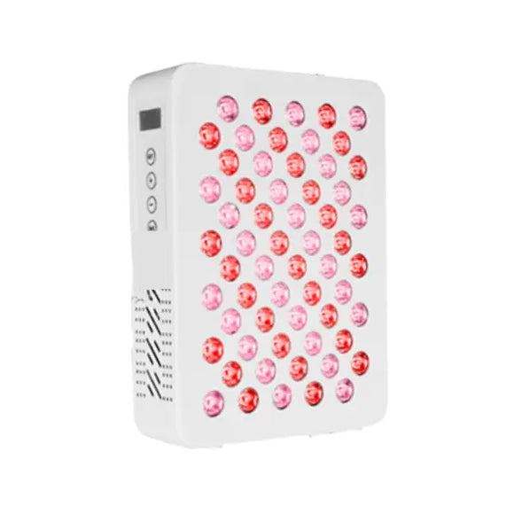Compact white LED red light therapy panel with illuminated diodes and side control buttons