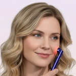 Blonde-woman-using-purple-Chromaglow-wand-with-glowing-red-light-treatment-on-her-cheek