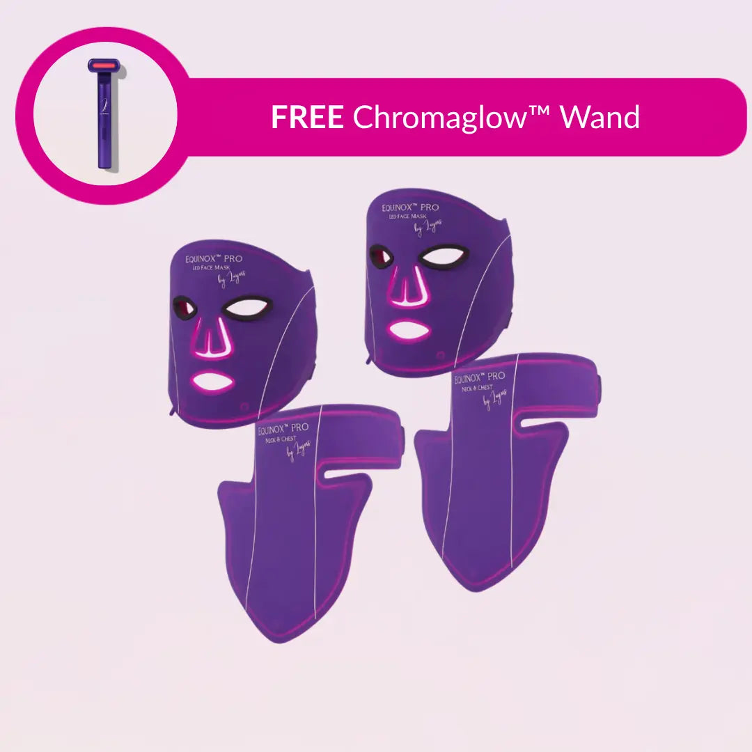 Two-Equinox-Pro-LED-face-and-neck-masks-glowing-red-with-a-free-Chromaglow-wand-badge