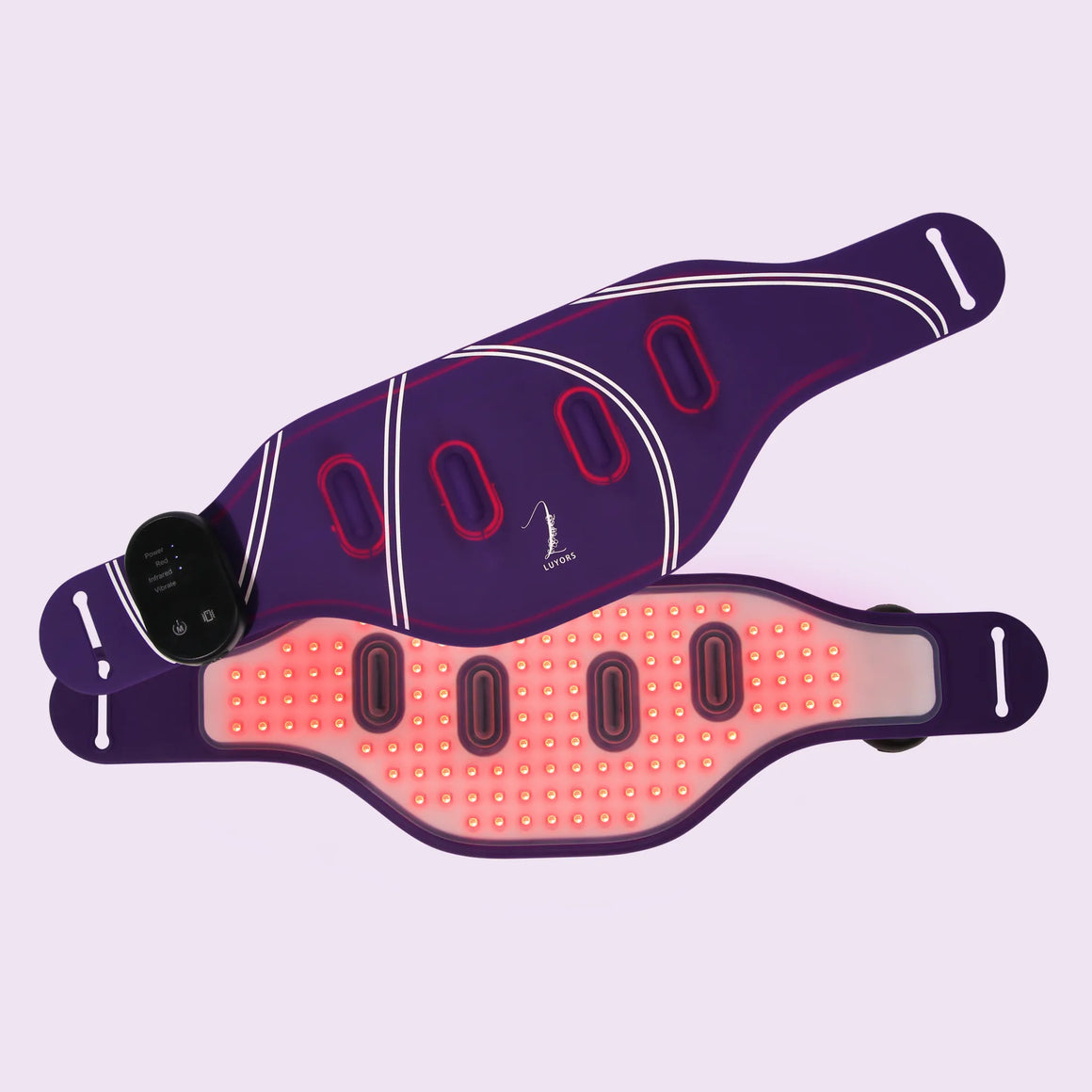 Two-Luyors-red-light-and-near-infrared-therapy-belts,-one-face-up-with-controller-and-one-lit-up-showing-the-glowing-red-LED-treatment-surface