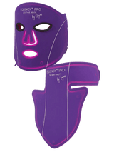 Purple Equinox Pro LED face mask and matching neck and chest attachment glowing pink