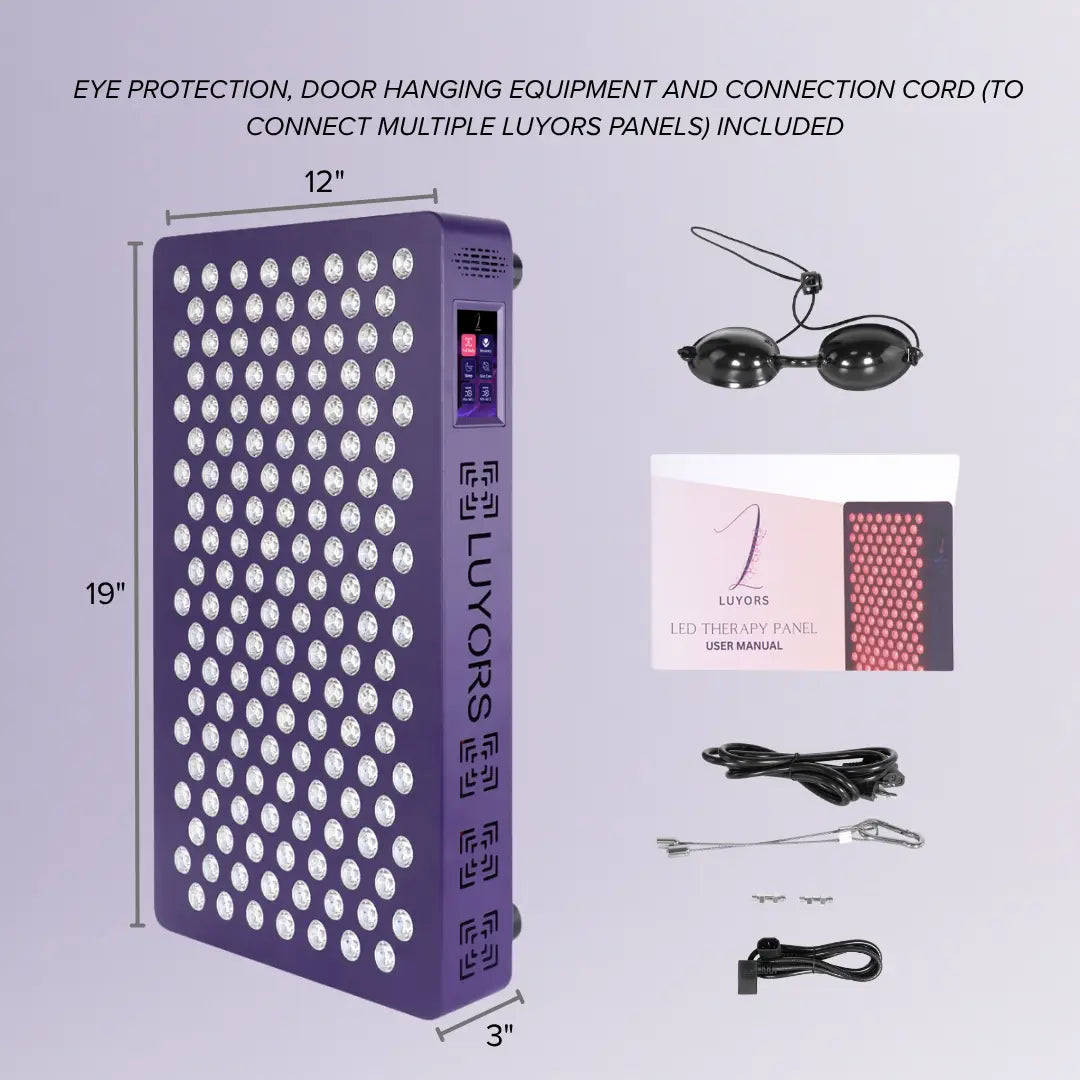 6-Wavelength-LED-Therapy-Panel-unboxing-showing-panel,-protective-goggles,-user-manual,-hanging-hardware-and-connection-cords