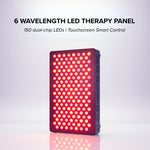 6-Wavelength-LED-Therapy-Panel-title-graphic:-150-dual-chip-LEDs-and-touchscreen-smart-control,-panel-glowing-red