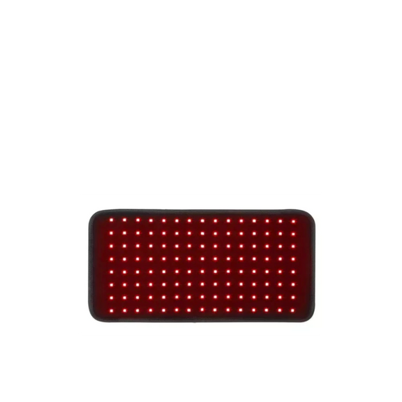 Luyors red light and NIR therapy belt illuminated, showing the grid of glowing red LEDs